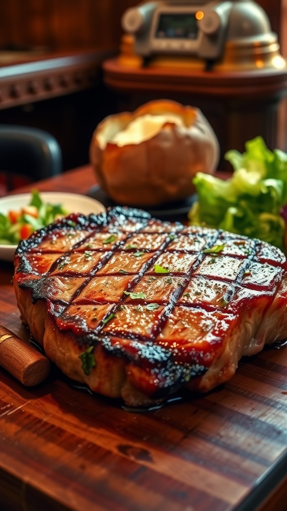 A perfectly seared ribeye steak on a wooden table, accompanied by a baked potato and salad, evoking the vibe of an 80s steakhouse.